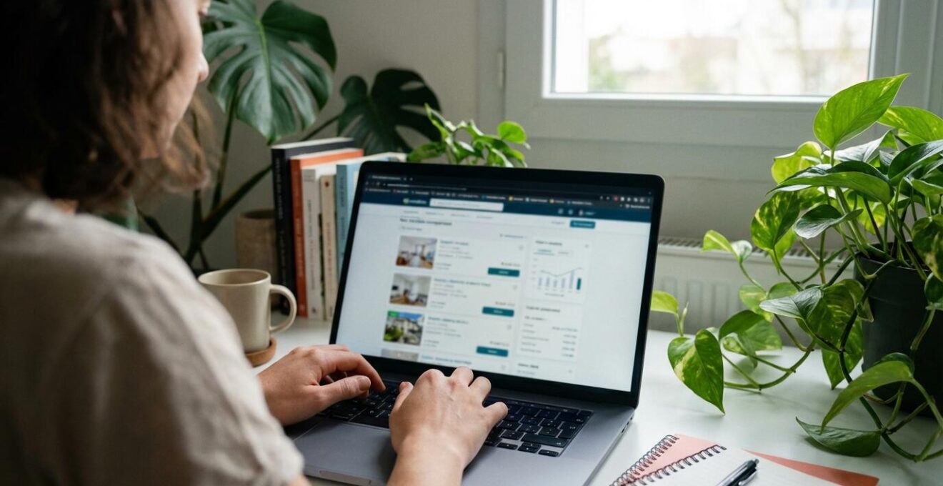 Personne consultant un comparateur d'agences immobilières sur ordinateur