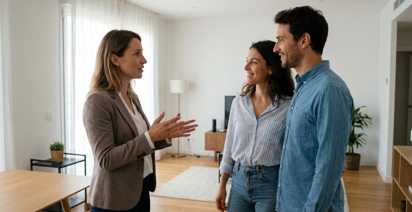 Agent immobilier en discussion avec des clients dans un espace moderne