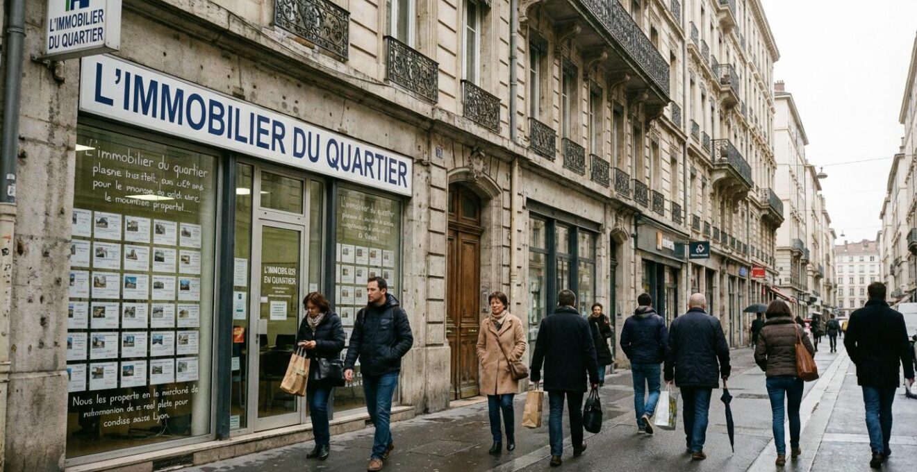Façade agence immobilière quartier lyonnais avec passants