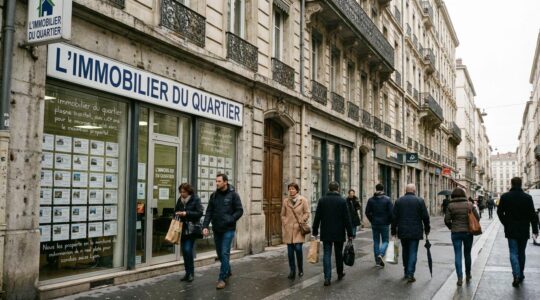 Façade agence immobilière quartier lyonnais avec passants