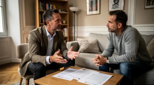 Agent immobilier et propriétaire en consultation dans un salon d'appartement français discutant des options de mandat de vente