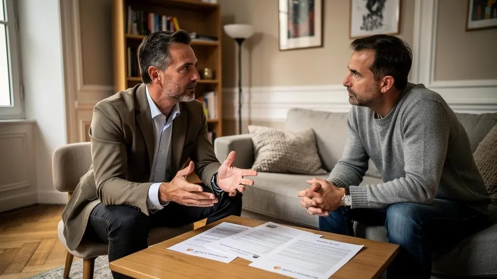 Agent immobilier et propriétaire en consultation dans un salon d'appartement français discutant des options de mandat de vente