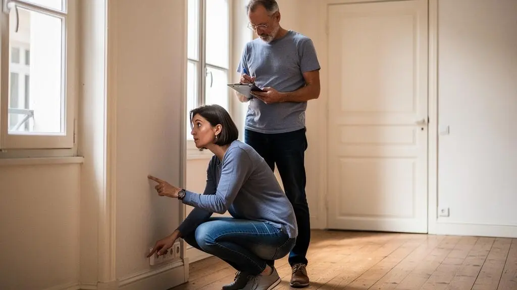 Couple inspectant activement l'intérieur d'une maison lors d'une visite, la femme examinant une plinthe pendant que l'homme prend des notes