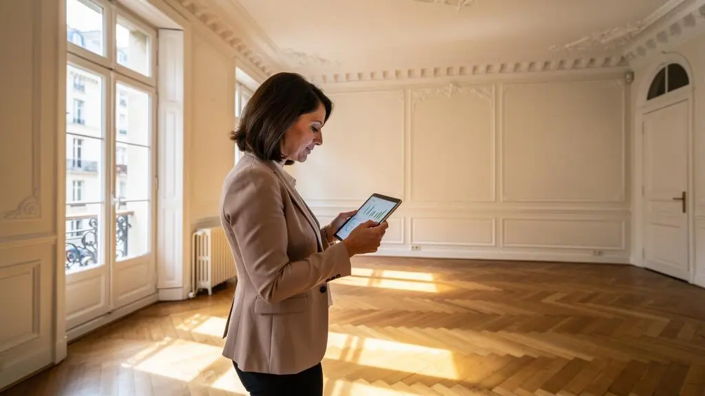 Agent immobilier femme évaluant les caractéristiques architecturales d'un appartement haussmannien avec parquet à chevrons et moulures