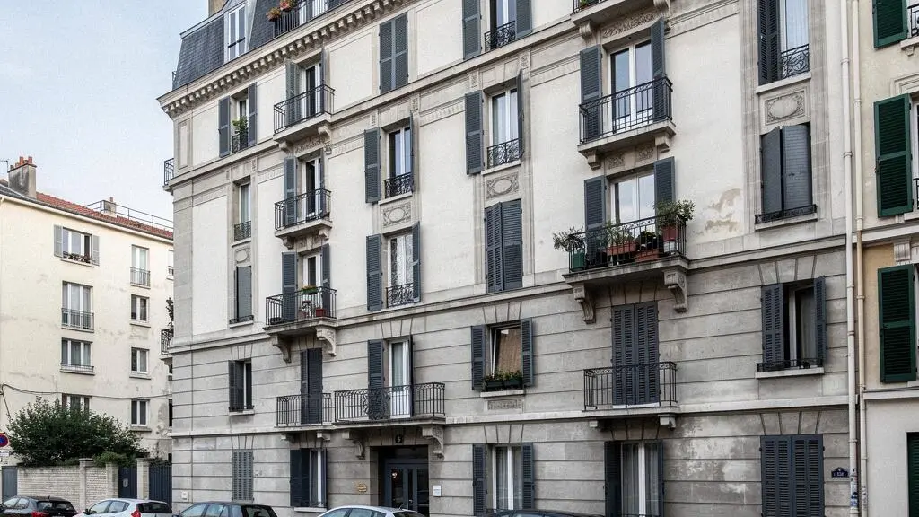 Façade d'un immeuble résidentiel en copropriété typiquement français avec balcons et fenêtres alignées