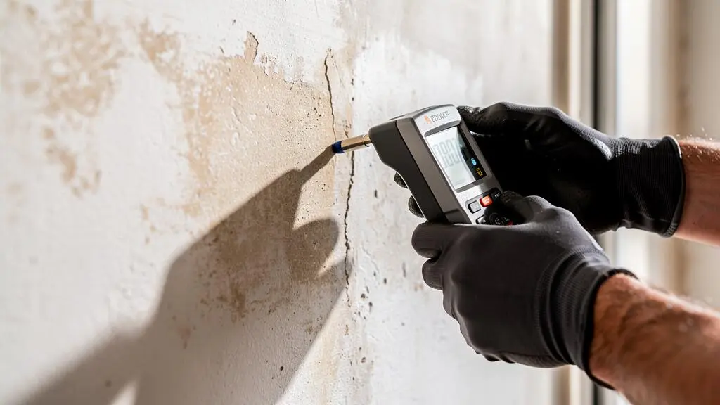 Mains d'un inspecteur utilisant un humidimètre sur un mur intérieur pour détecter des problèmes d'humidité potentiels