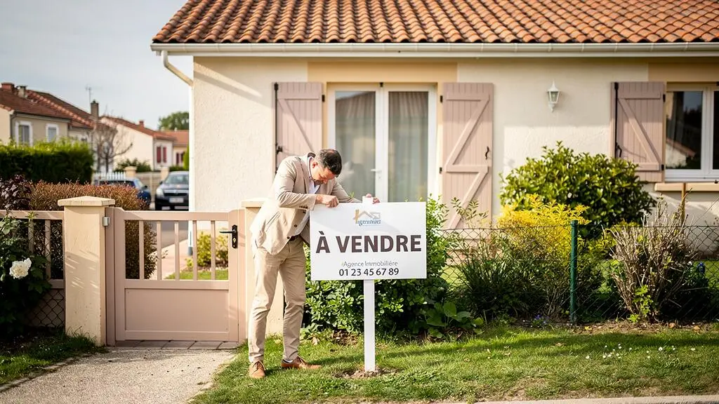 Agent immobilier installant un panneau À vendre devant une maison individuelle française avec façade en crépi et volets en bois