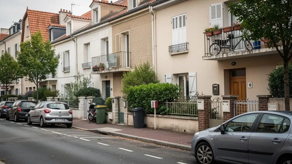Rue résidentielle calme dans un quartier français typique avec immeubles, arbres et véhicules stationnés