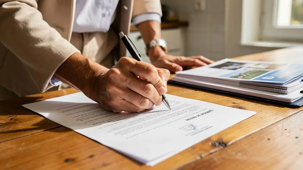 Main de propriétaire signant un document de mandat immobilier sur une table en bois en présence d'un agent immobilier