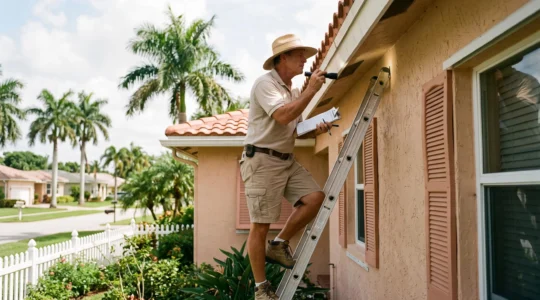 Un inspecteur immobilier examine la façade et la toiture d'une maison individuelle en Floride depuis une échelle.